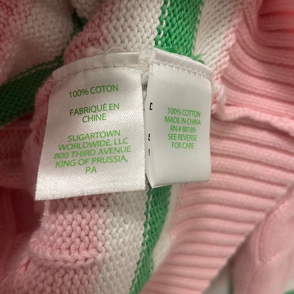 Lilly Pulitzer Brockton Pink Cable Knit V Neck Sweater Green Stripe Trim Size S - Picture 5 of 6
